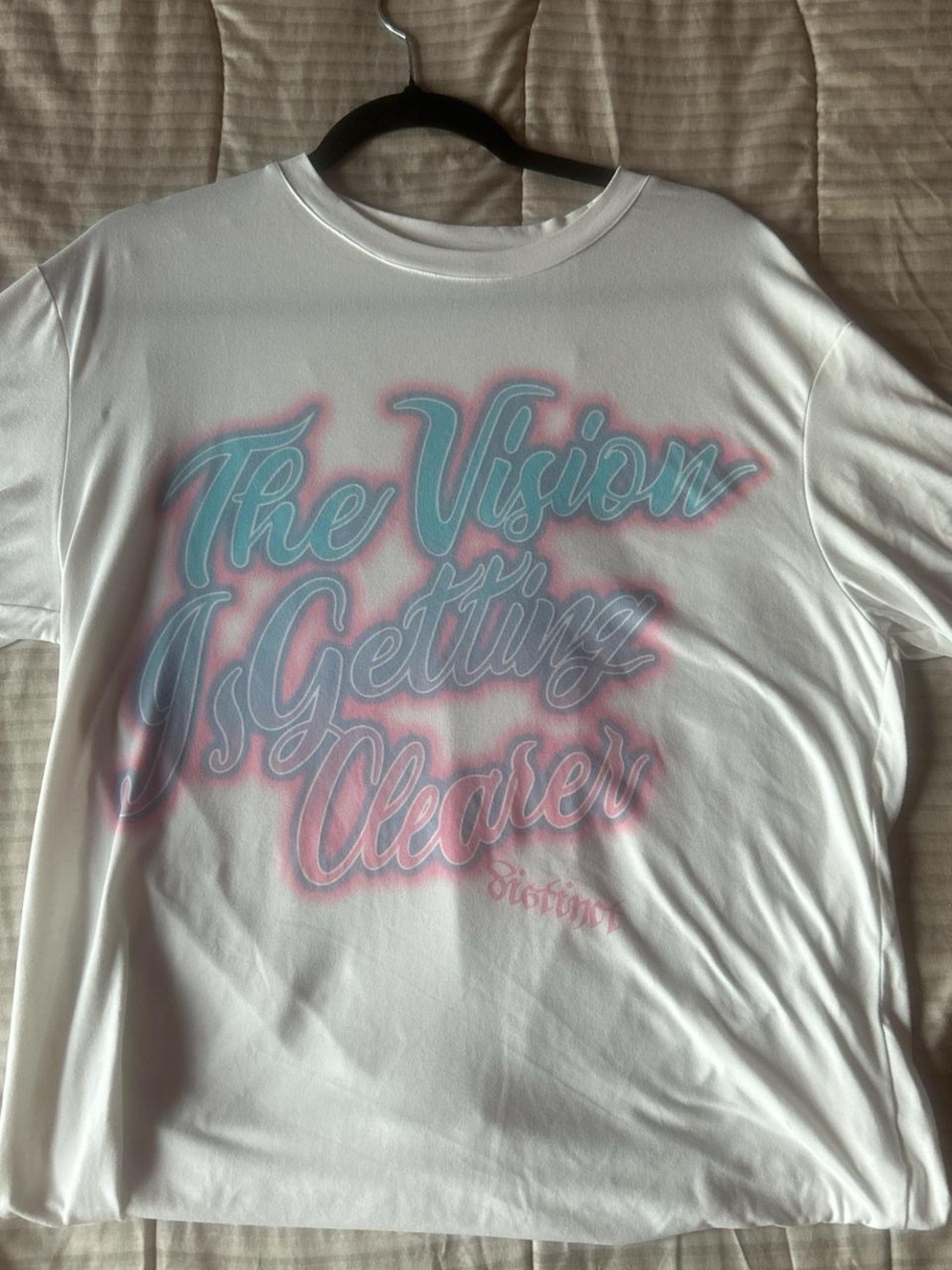 Shein White Short Sleeve Tee with Blue and Pink Script